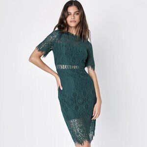 NWT - Remarkable Forest Green Sheer Lace Short Sleeve Mini Dress